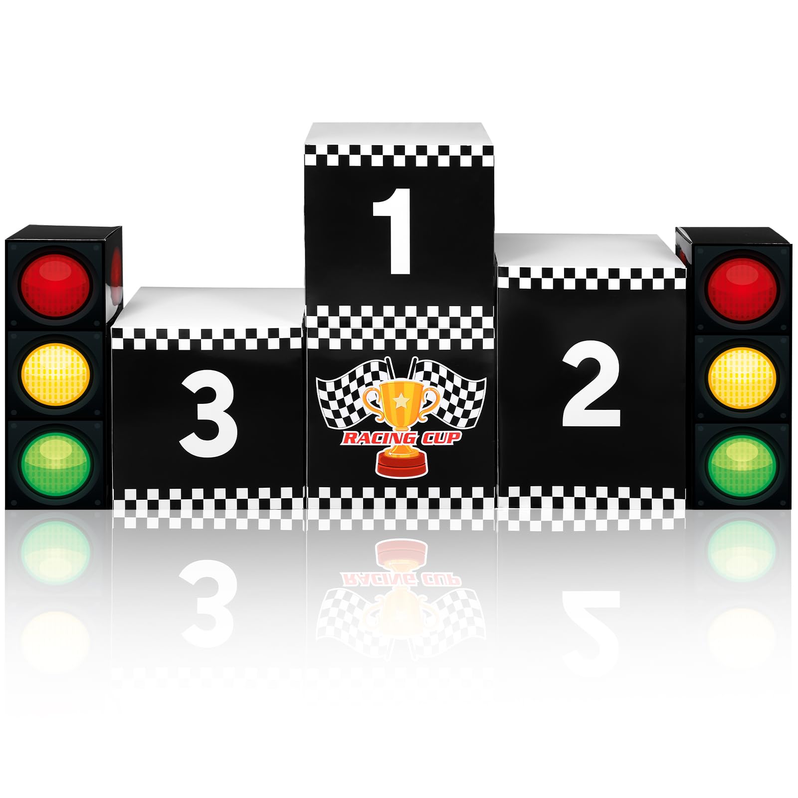 Halloscume 6 Pcs Large Racing Birthday Party Boxes Set, 4 Pcs 11.8" Race Car Podium and 2 Pieces 17.3" Traffic Light, Car Themed Goodie Checkered