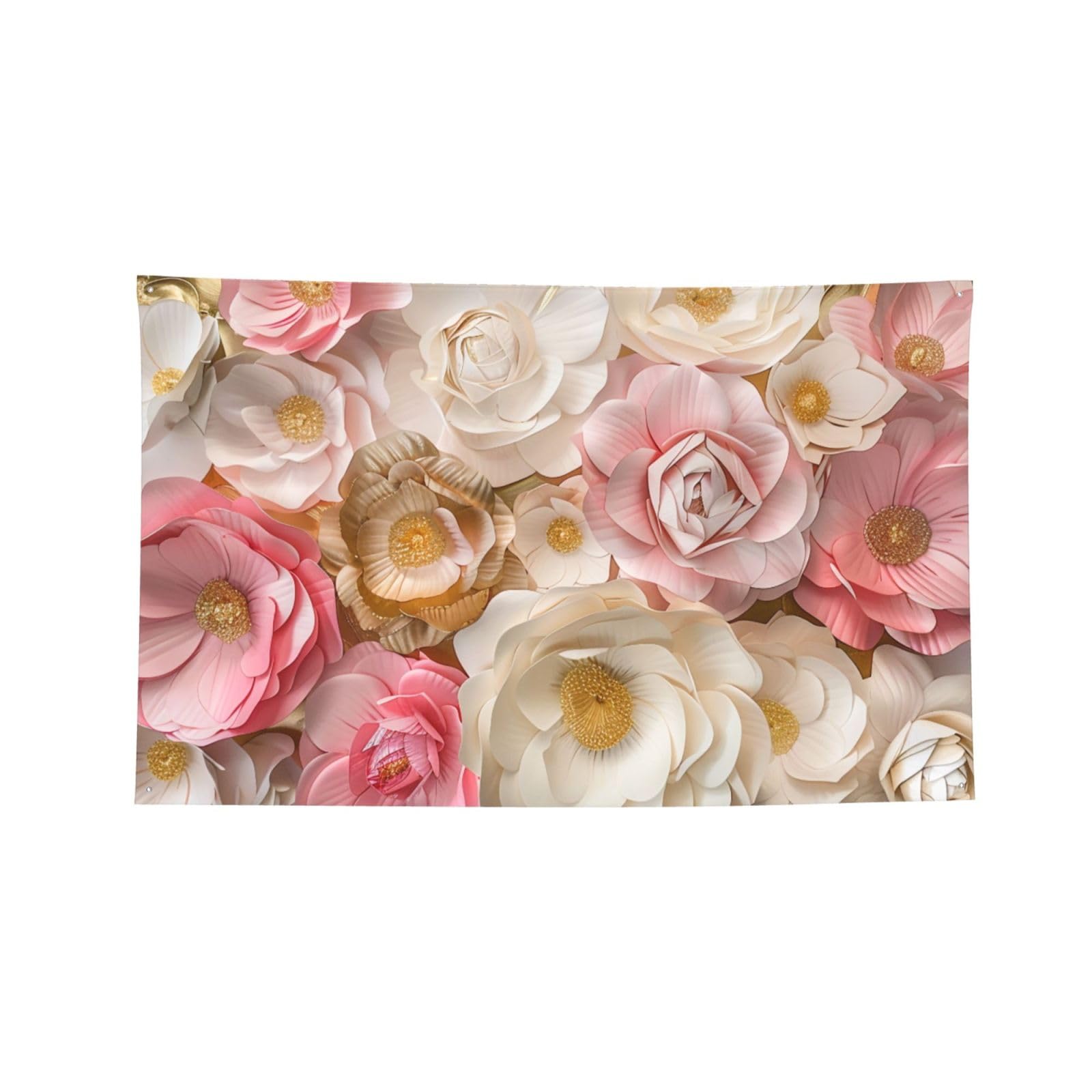 Bannière fleurs dorées chic au format 1,2 x 1,8 m avec imprimé de fleurs blanches haut de gamme