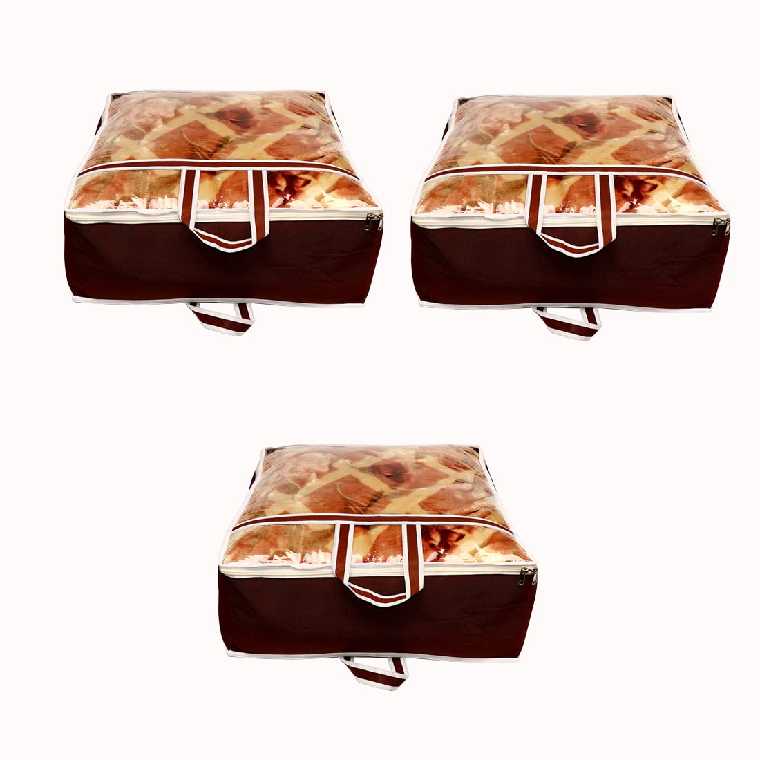 AARON INC Presents Non Woven Blanket Storage Bag With Front Handle Large Transparent Clear Window Large Size Storage Bag Cover Under Bed Storage (Brown Pack of 3)