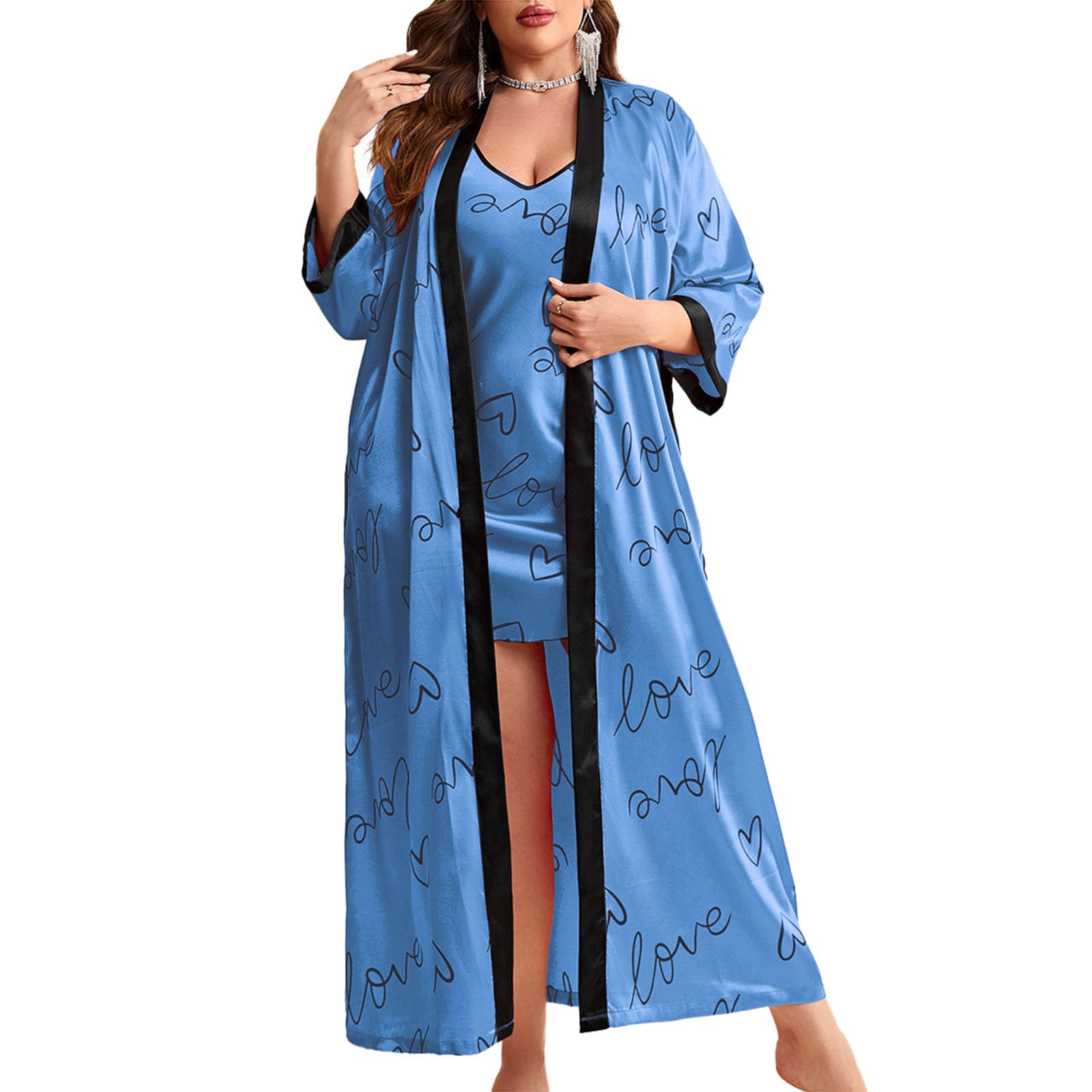 Generic Satynowy zestaw damskich koszul nocnych Jedwabna bielizna Cami Pajama w rozmiarze plus size z szatami,Blue,4XL