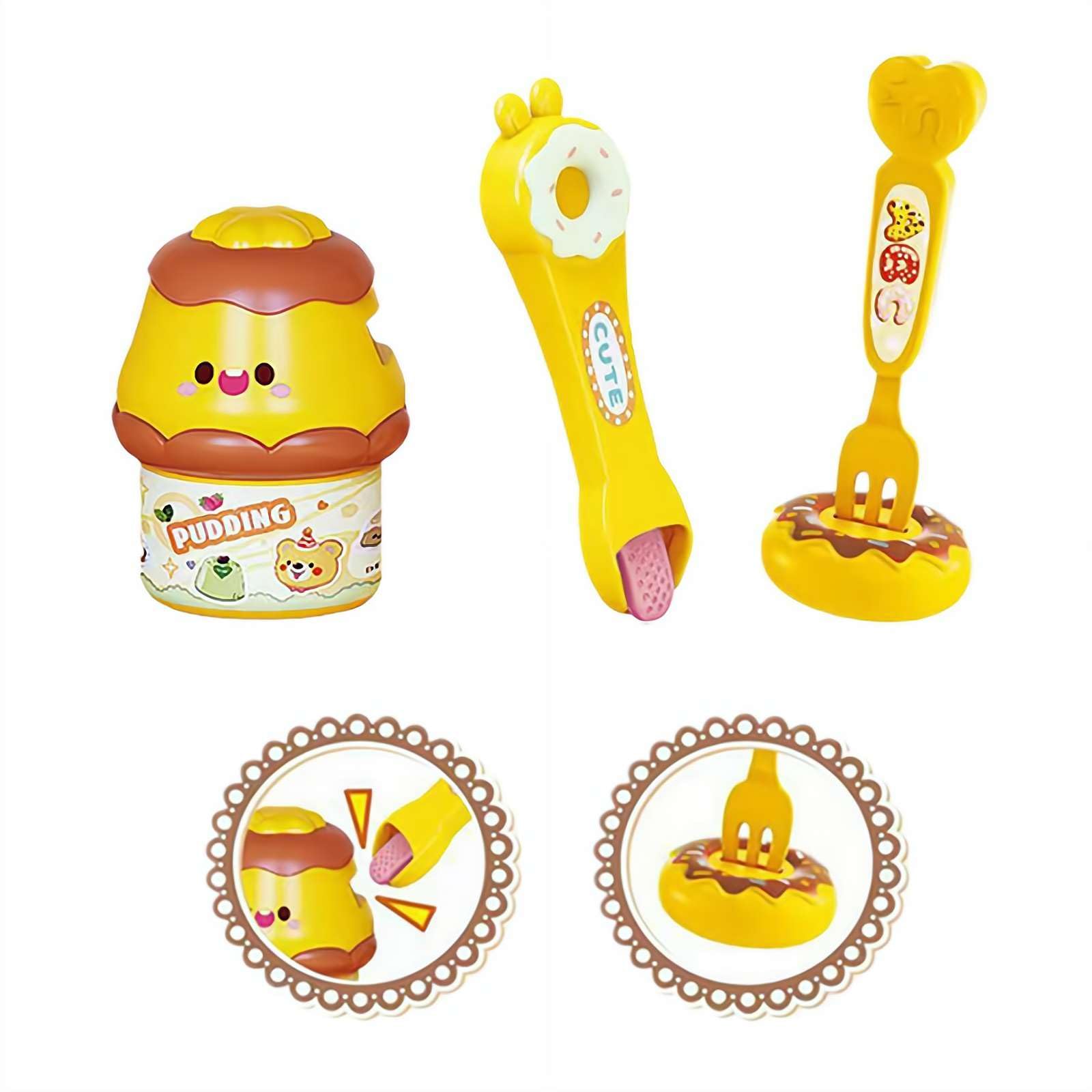 Food Pudding Feeding Toy, Simulation Snack Ice Cream Feeding Toys with Spoon, Soft Realistic Doll Accessories Early Education Puddings Toy for Kitchen Accessories (Yellow A 1pcs)