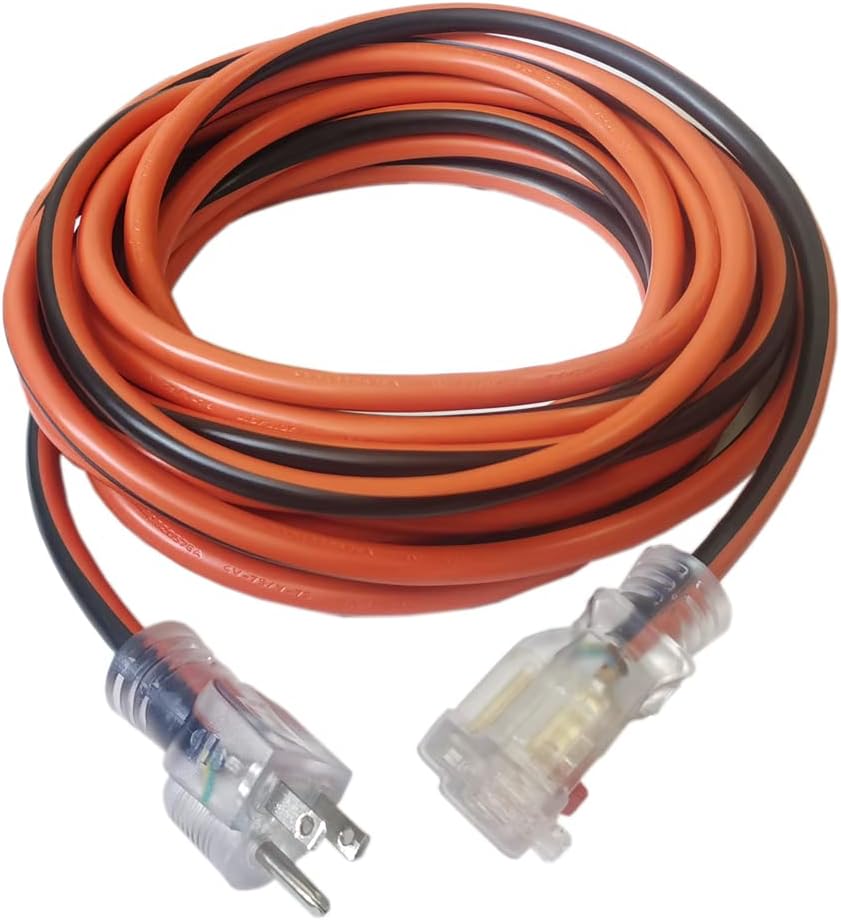 K Tool International XD73345 110 Volt 25' Electrical Power Cord, 14-3 Triple Tap, LED Indicator Light Ends, Abrasion/Weather Resistant, Flame Retardant, Slide Lock, Vinyl Covering, Orange/Black