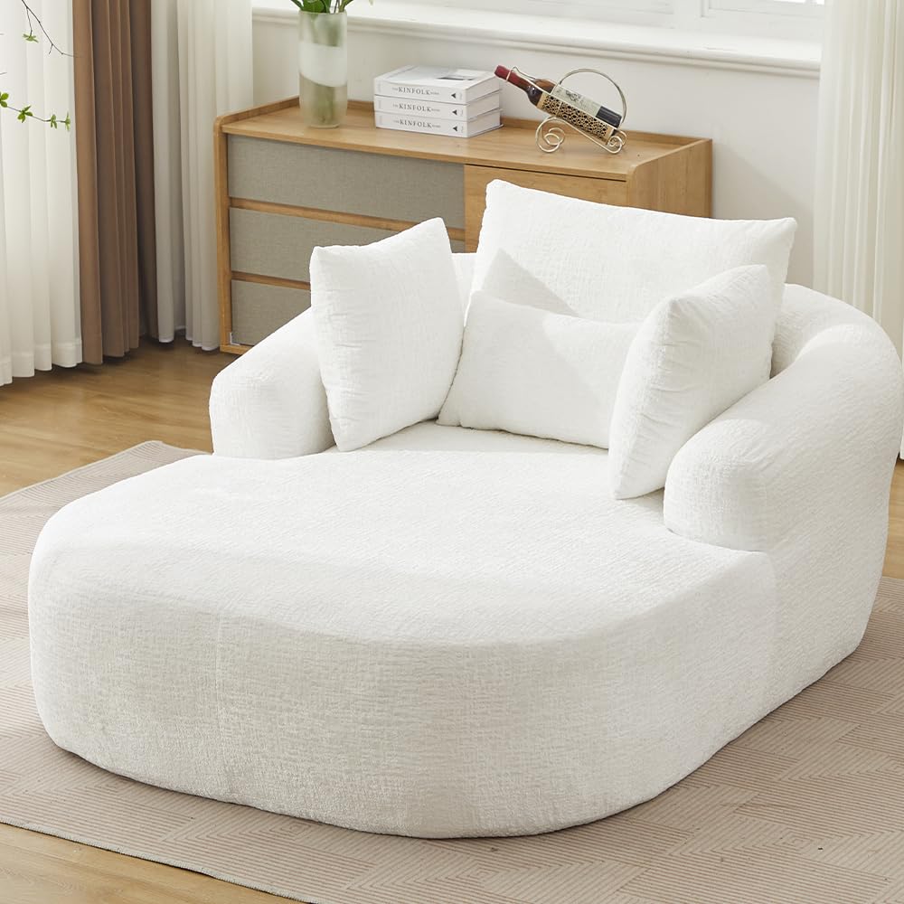 Five Green Oversized Chaise Longue Chair Indoor, Modern Upholstered Chenille Deep Seat Sofa Bed with Throw Pillows and Armrests, Sleeper Sofa Couch