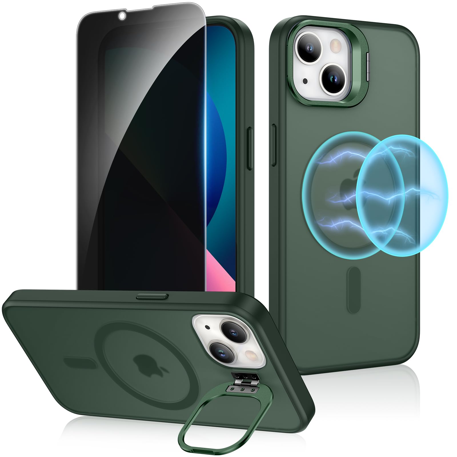 Rukyfor iPhone 13/14 Case with Privacy Screen Protector and Stand, [Compatible with MagSafe] Translucent Magnetic Phone Cover, Green