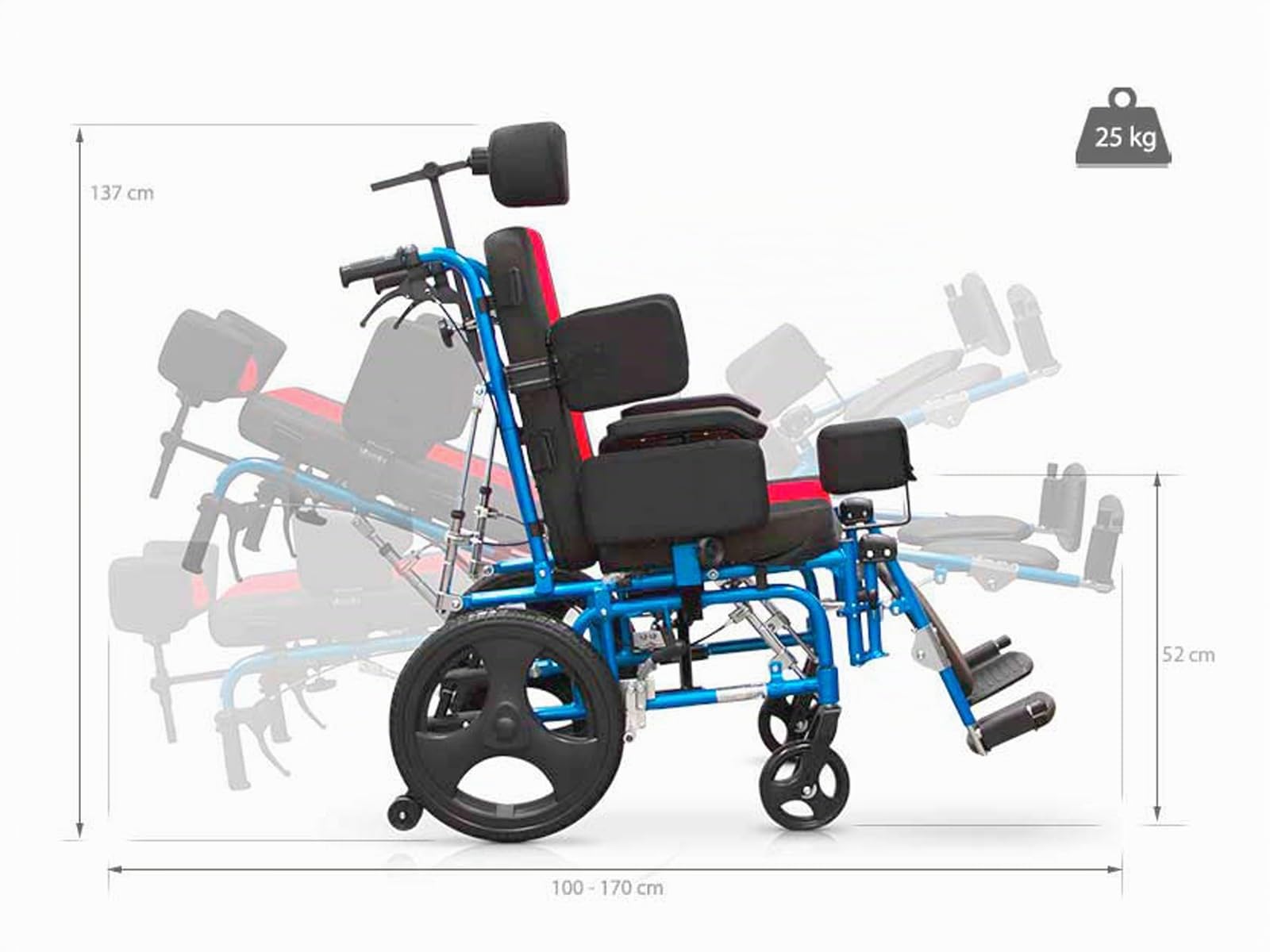 QUIRUMED - Silla de Ruedas Neurológica Plegable y Ligera | Ajustable en Respaldo hasta 85° y Reposapiés | Sistema Antivuelco | Brazos Rectos Desmontables, Azul y Negro