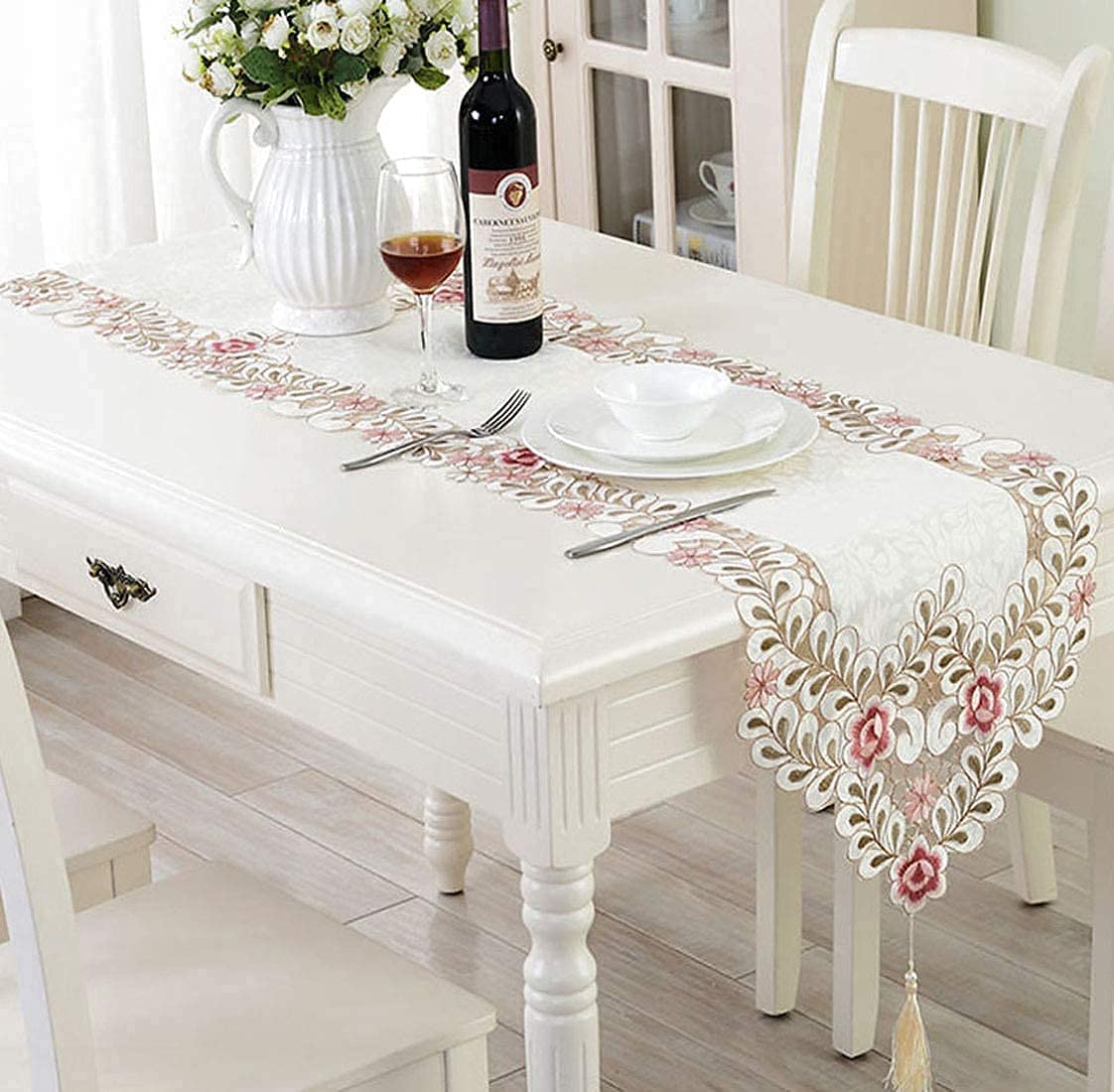 LeLehome 15 Inch X 86 Inch Classic Flowers Embroidered Lace Long Table Runner, Dark Rose Floral Washable Dresser Scarves Dining Table Top Home Wedding Decoration