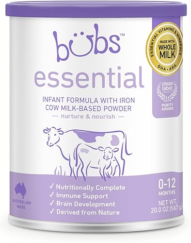 Bubs Essential - Fórmula infantil con hierro, polvo a base de leche de vaca, para bebés de 0 a 12 meses, hecha con leche sin OMG, 20 onzas