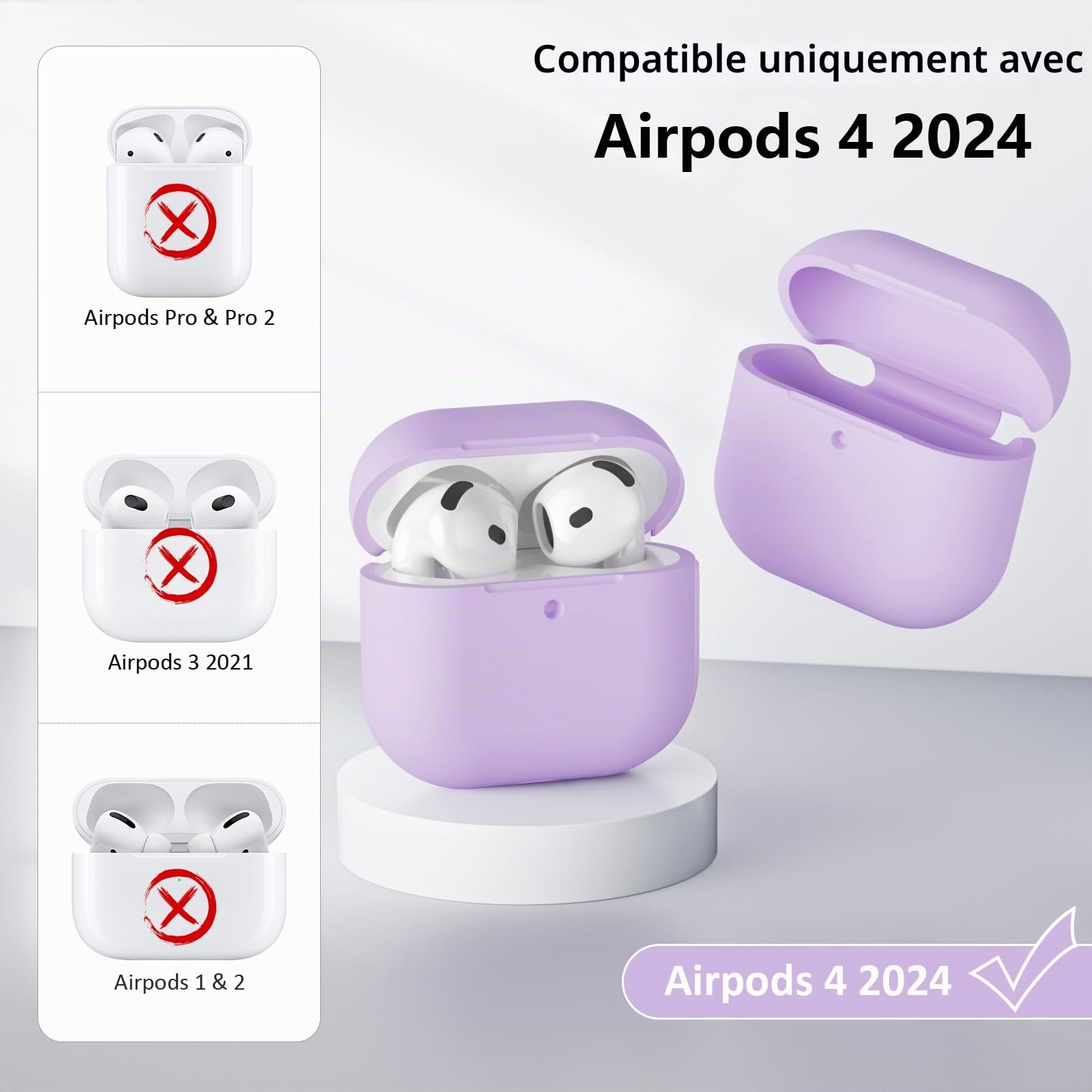 Coque Étui Protecteur Compatible avec AirPods 4 2024, LED Avant Peut être Visible, Housse en Silicone Anti-Choc Etui de Protection pour Airpods 4ᵉ Génération avec Kit de Nettoyage, Lavande