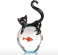 Tooarts Hand Blown Glass Cat and Goldfish Figurine - Black Cat Sculpture Ornament, Unique Christmas Birthday Gift