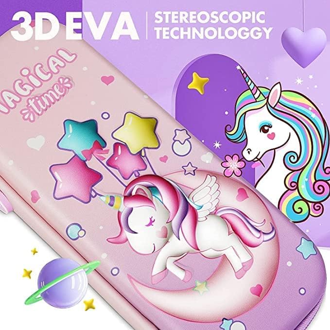 Image of 3D Unicorn Cover Large Capacity Pencil Case Compass with Compartments, School Supply Organizer for Students, Stationery Box, Cosmetic Zip Pouch Bag (Unicorn-Moon Pouch)