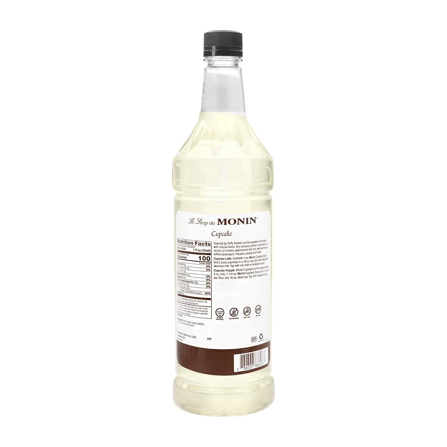Monin - Cupcake Syrup, Rich Vanilla Cake Flavor, Great for Lattes, Frappes, & Dessert Cocktails, Vegan, Non-GMO, Gluten-Free (1 Liter)