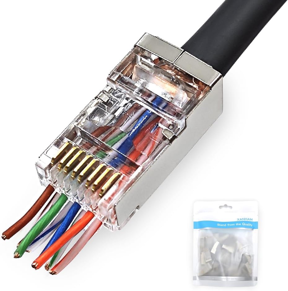 100 Pack Cat 6A Pass Through Shielded RJ45 Connector Modular Crimp Network Plug for Cat6A, Cat6, Cat5, Cat5e SFTP and FTP Solid or Stranded Ethernet Cable