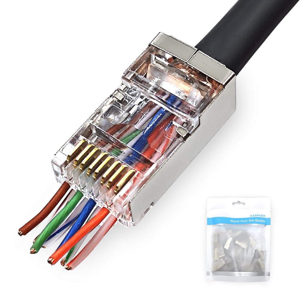 100 Pack Cat 6A Pass Through Shielded RJ45 Connector Modular Crimp Network Plug for Cat6A, Cat6, Cat5, Cat5e SFTP and FTP Solid or Stranded Ethernet Cable