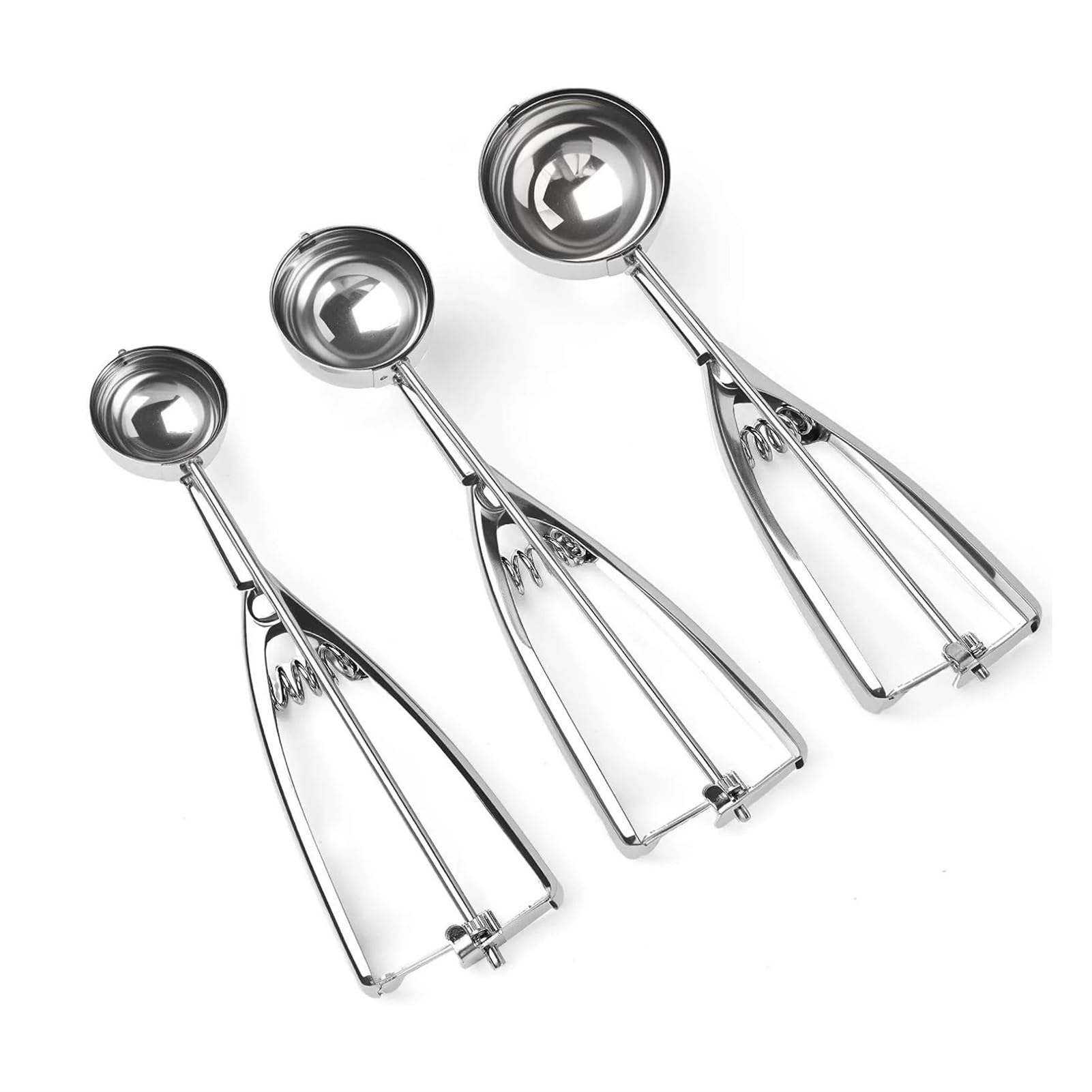 Lot de 3 cuillères à glace en acier inoxydable avec déclencheur, bol à melon multifonction pour crème glacée, pâte à biscuits, boulettes de viande et portions de fruits