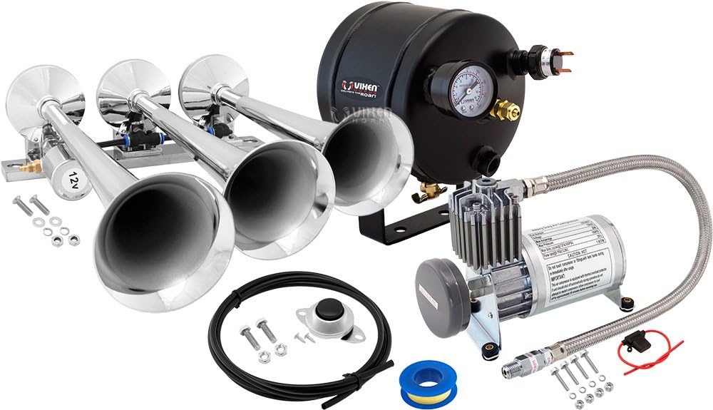 Vixen Horns Train Horn Kit for Trucks/Car/Semi. Complete Onboard System- 150psi Air Compressor, 0.5 Gallon Tank, 3 Trumpets. Super Loud dB. Fits Vehicles like Pickup/Jeep/RV/SUV 12v VXO8805/3118