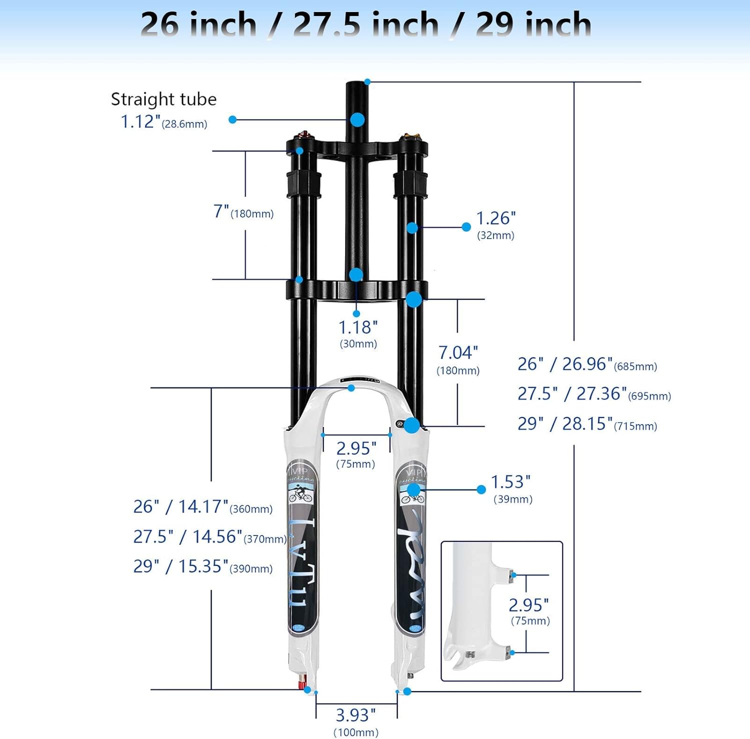 180mm Air Fork Double Crown for Downhill MTB | Lockout & Rebound Adjust | Fits 26/27.5/29" Wheels | 9x100mm QR | Straight 1-1/8" Steerer | DH & Enduro Fork(26 inch)