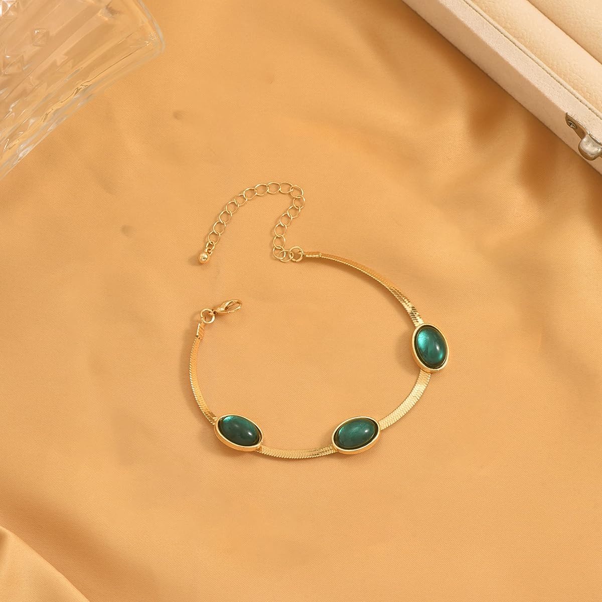 Green Oval Cabochon Bezel Herringbone Chain Bracelet For Women Statement Elegant Adjustable Gold Color Classic Vintage Dressy Jewelry - Image 4