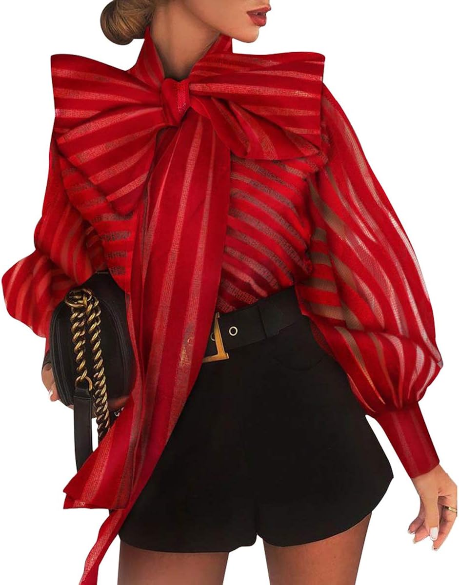 Women Mesh Puff Sheer Sleeve Blouse, Bow Tie Neck Tops OL Striped Work