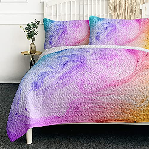BlessLiving Marble Tie Dye Bedspread Set Full Size Kids Girls Pink Pastel Quilts 3-Piece Watercolor Colorful Bedding Teens Coverlet Cute Abstract Bed Set (80