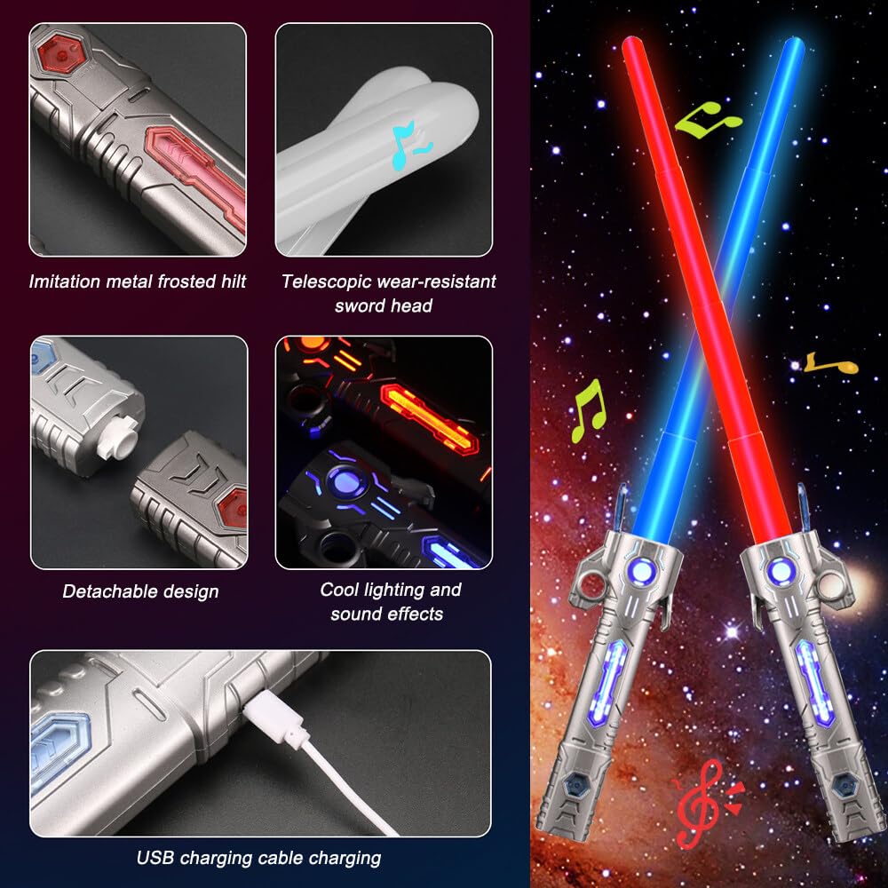 Spada Laser Giocattolo per Bambini, Lightsaber, RGB 15 Colori Spada Laser Star Wars con Effetti Sonori Simulati Spada Luminosa, Spada Laser Retrattile 2 in 1 per Bambini (Impugnatura Argento)