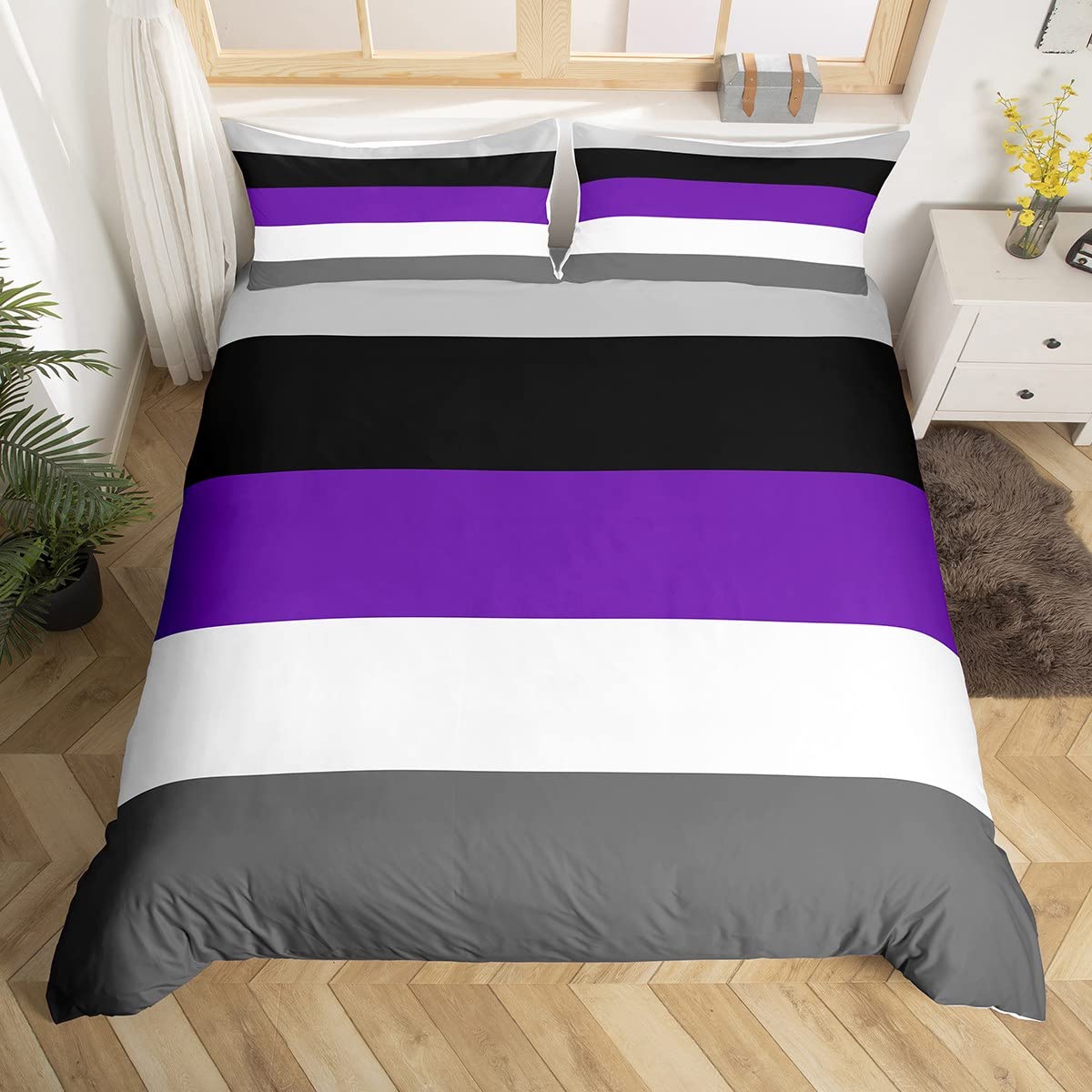 Homewish Geometric Stripes Duvet Cover Set with 2 Pillowcases - Double Size, 100% Soft & Breathable Polyester, Zip Closure - Purple Black Grey Bedding - Modern Simple Pattern with Black Reverse โ image 1
