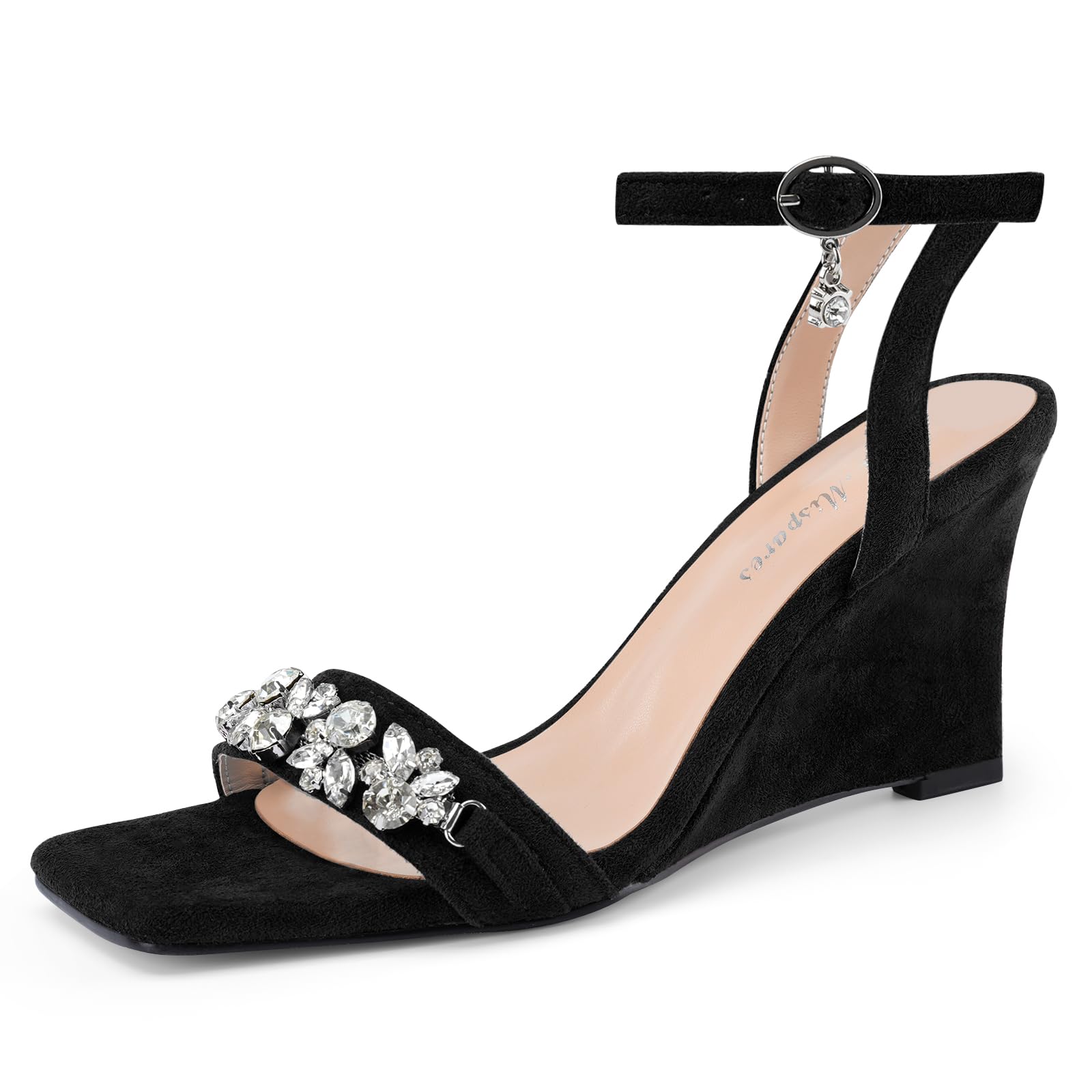 Oh Mispares Wedge Sandals for Women Square Open Toe Rhinestone Suede Dress Shoes Adjustable Strap 3 Inch Heels