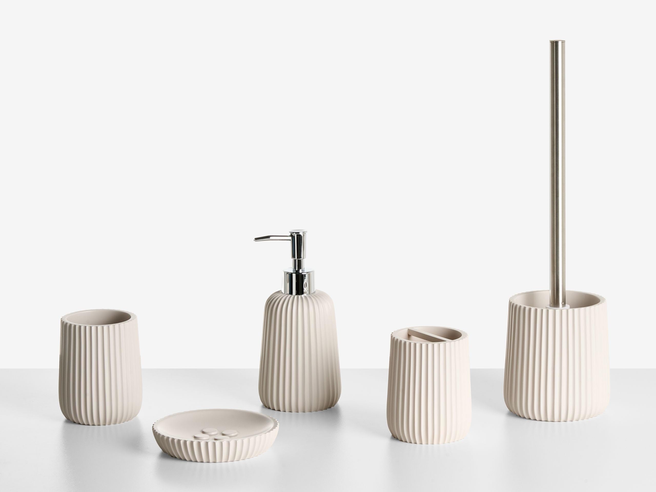 Conjunto de 5 Accesorios de baño jabonera dispensador de jabón escobilla de Inodoro Vaso Soporte para cepillos de Dientes Beige Pozuzo