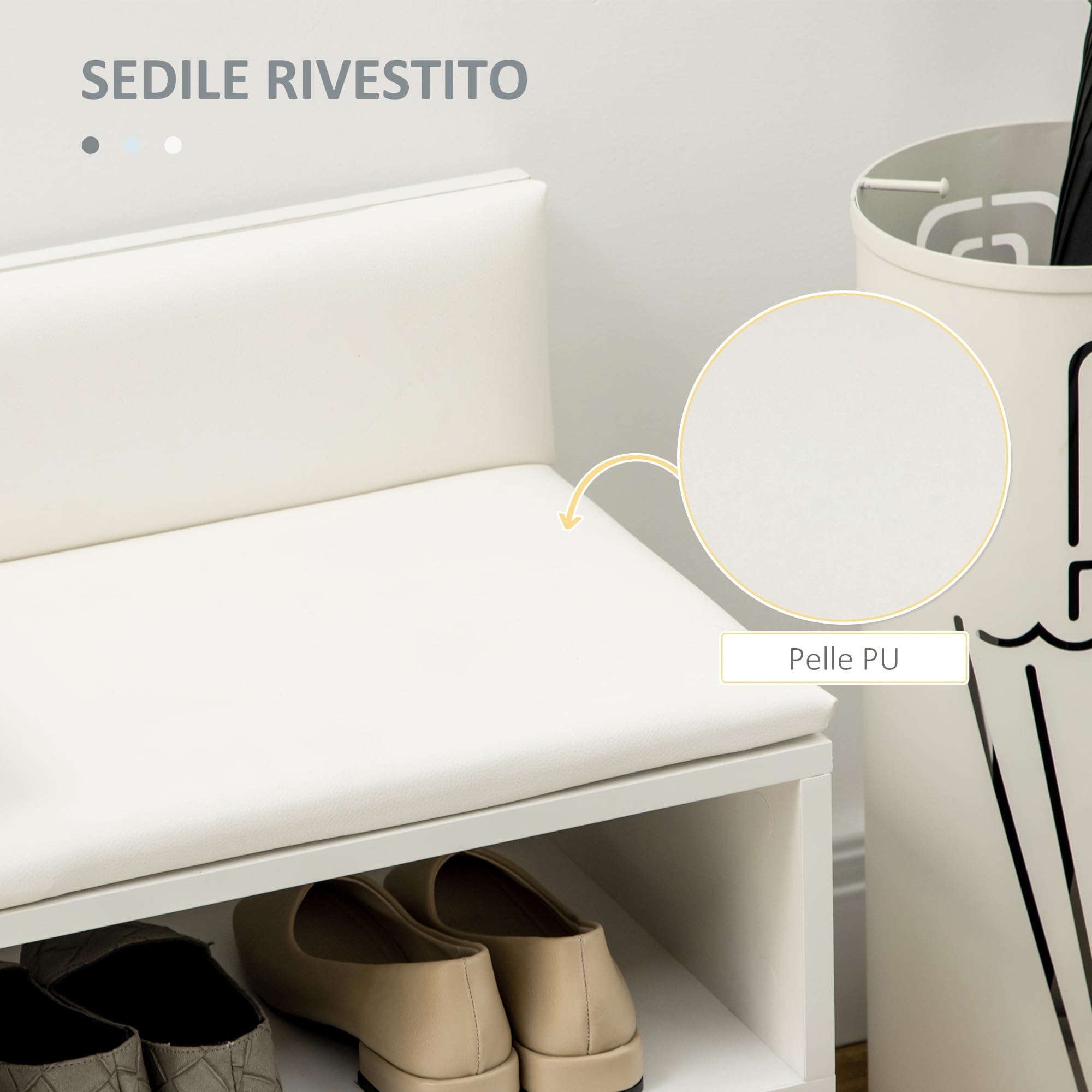 HOMCOM Panca Scarpiera da Ingresso Salvaspazio con Seduta Imbottita, Ripiano Aperto e Armadietto per 4 Paia di Scarpe, Corridoio, Camera da letto, Soggiorno in Legno, 80x33x49cm, Bianco