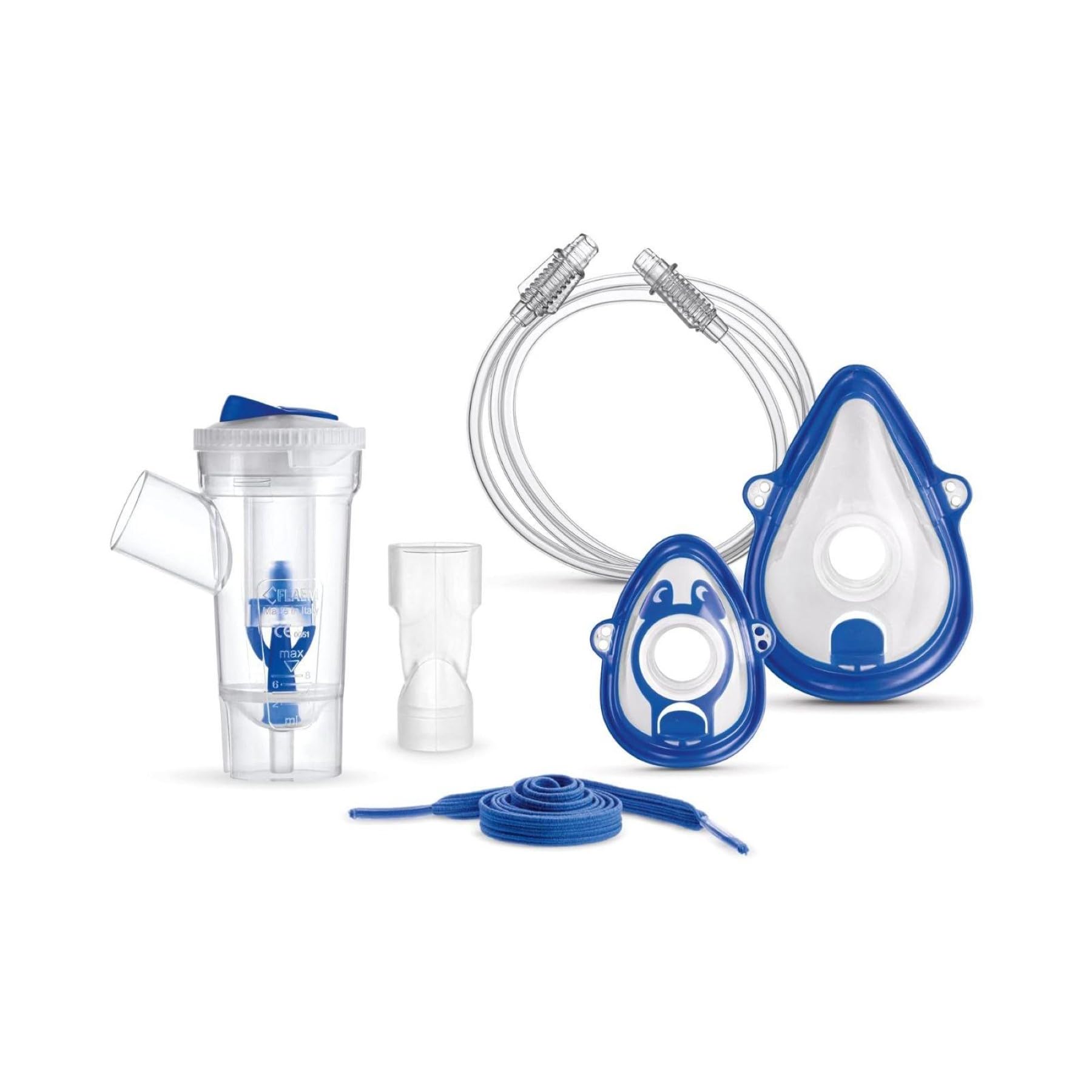 Flaem, Kit Completo Accessori Aerosol, Ampolla RF7 Dual Speed, Mascherina Adulto, Mascherina Pediatrica, Boccaglio, Elastico, Tubetto 1 Mt. Compatibile con Tutti gli Aerosol a Pistone Flaem