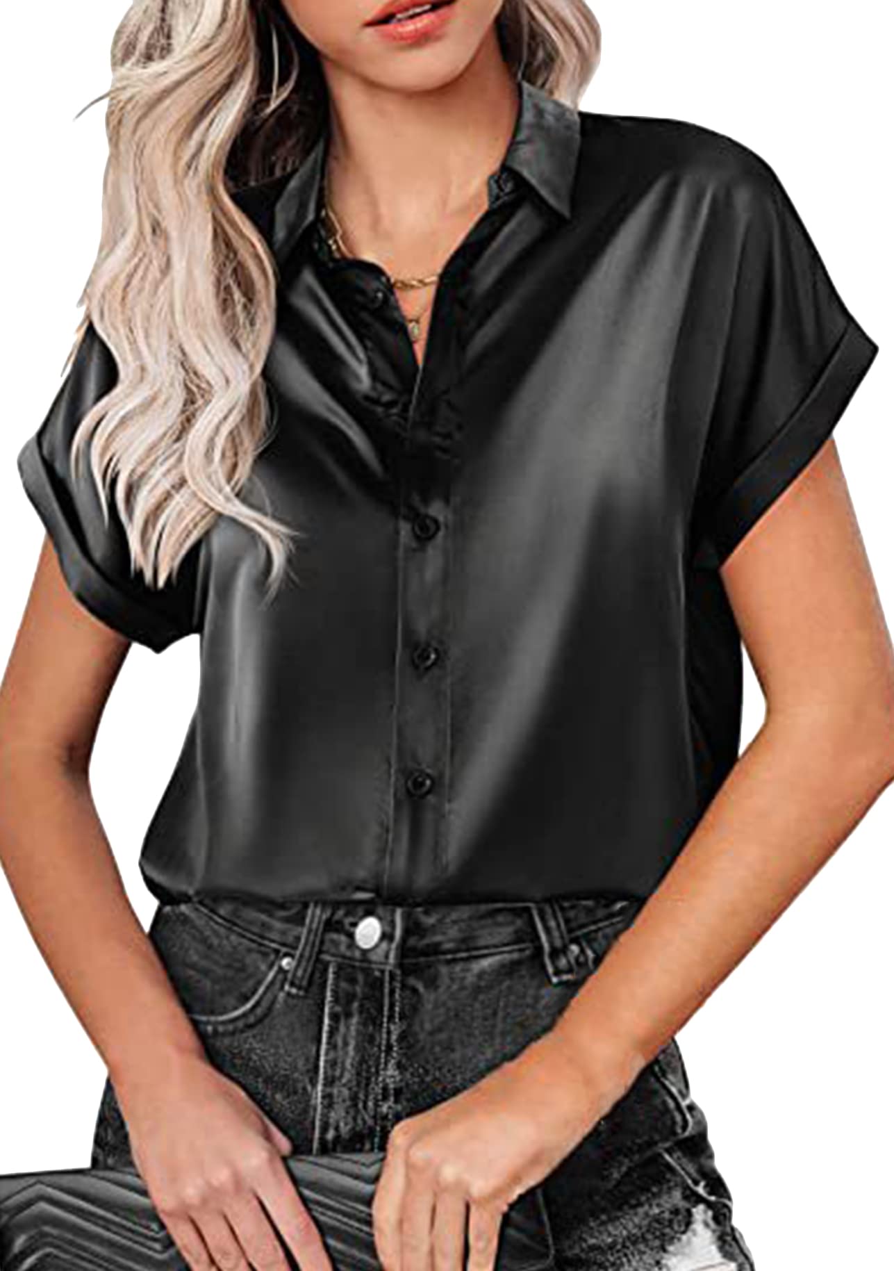 YMING Las Mujeres De Seda De Satén De Color Sólido Camisa Sexy V Cuello Oficina Blusa De Manga Corta Botón Elegante Camisa