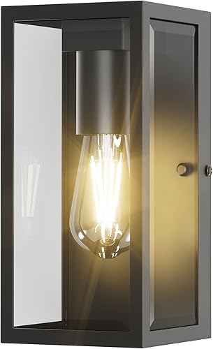Farol de pared para exteriores, moderna lámpara rectangular con negro mate antioxidante, pantalla de vidrio transparente impermeable, enchufe E26