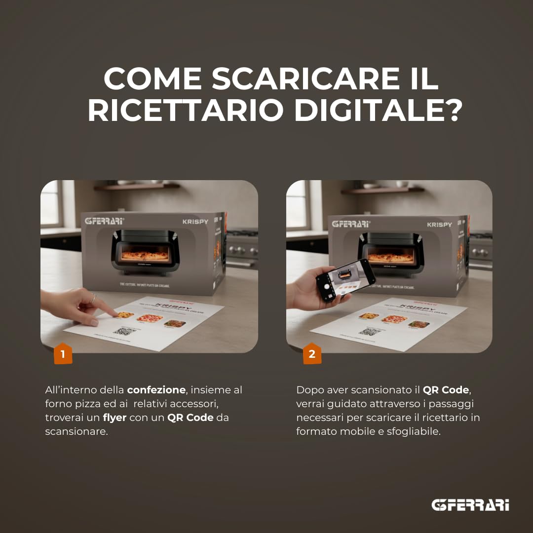 G3 Ferrari G10225 Krispy Forno Pizza e Friggitrice ad Aria, Multifunzione, 2100W, 13 Litri, Tecnologia HOBLO, Display Soft-Touch con 18 programmi, Fino a 380°C, Acccessori inclusi, Nero