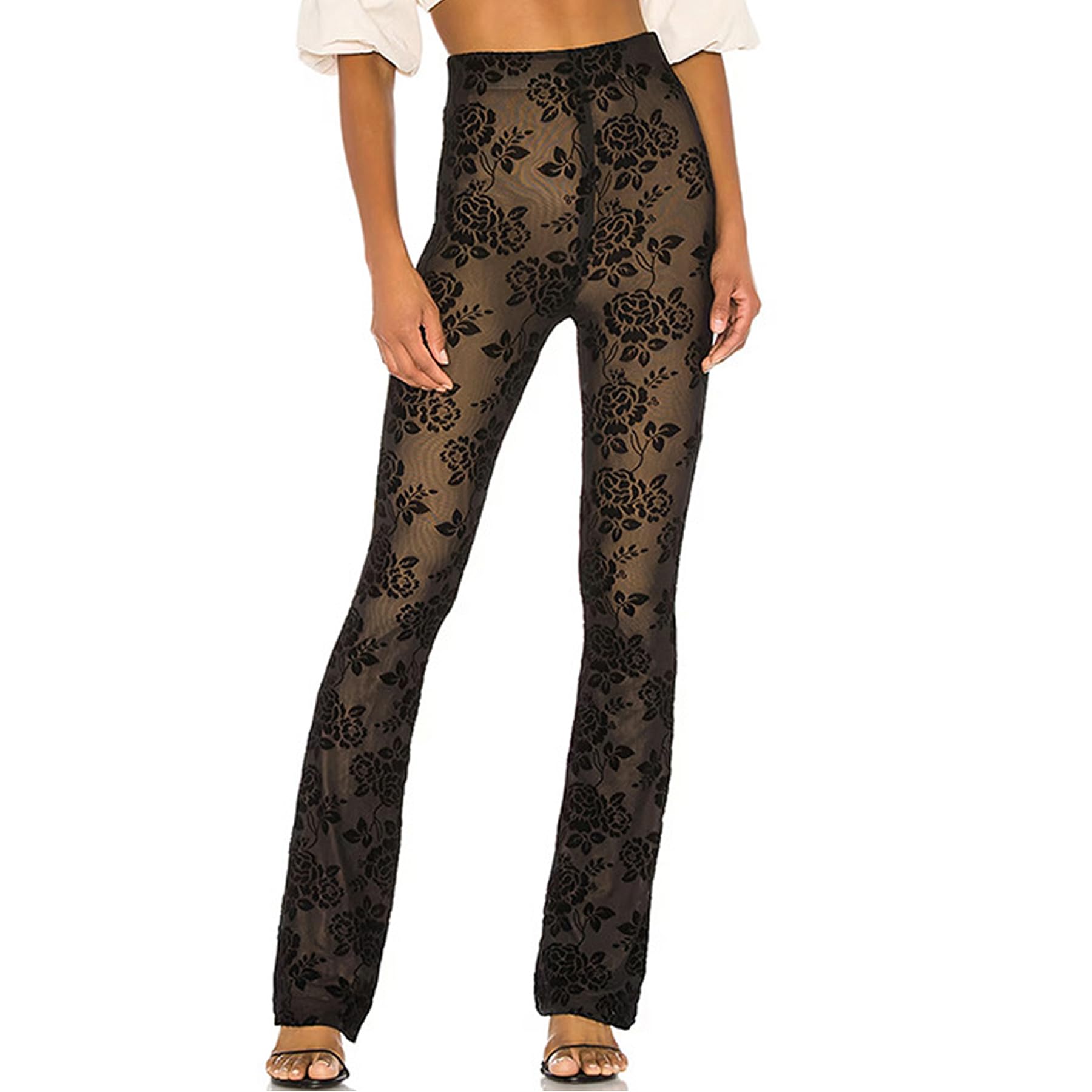 Womens Sexy See Through Sheer Mesh Pants Skinny Lace Straight Leg Floral Pants Full Lining Long Trousers Coverups