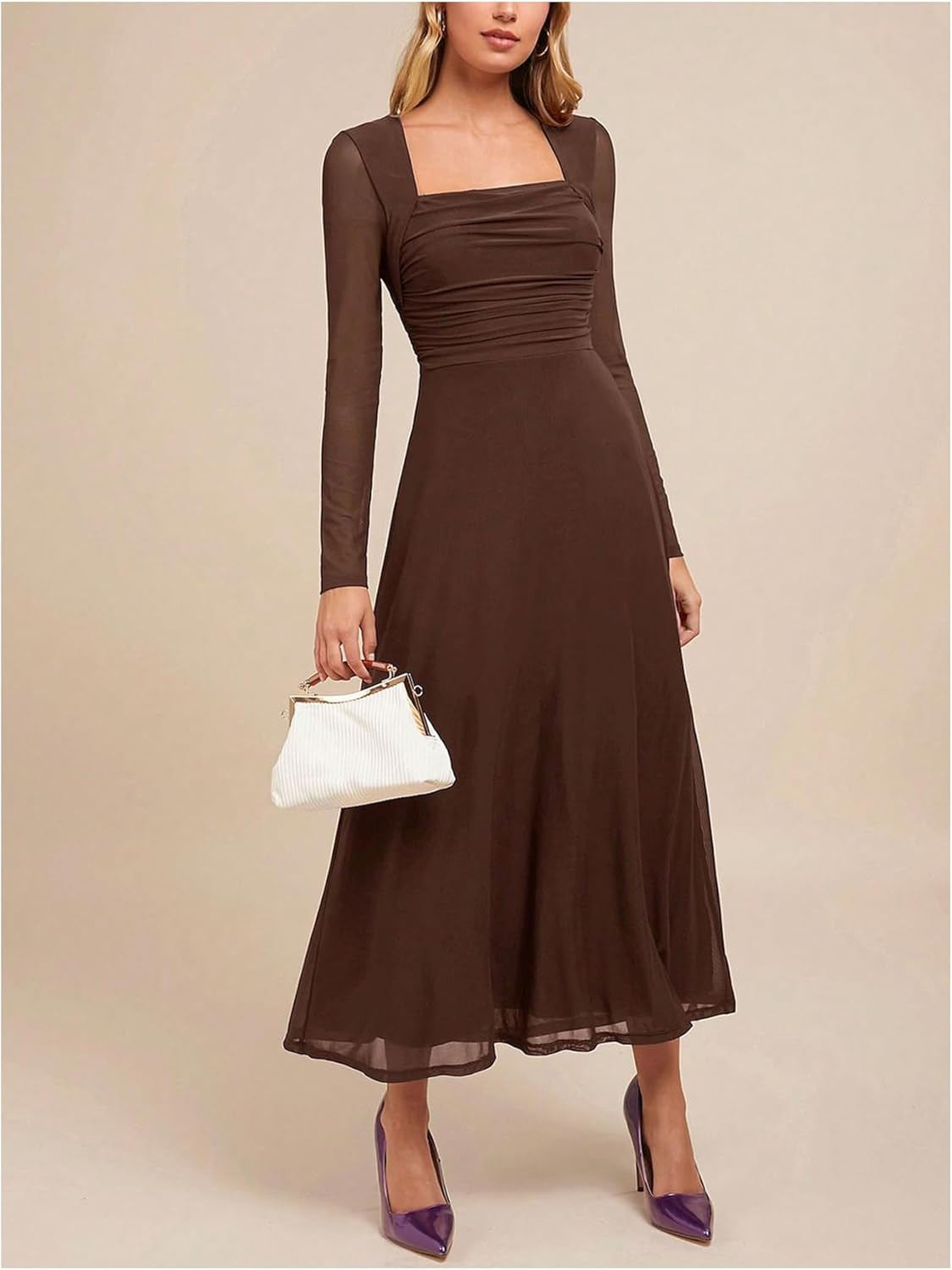 Milumia Women's Square Neck Mesh Long Sleeve Wedding Guest Dress Maxi Cocktail Party Fall Dresses - Image 6