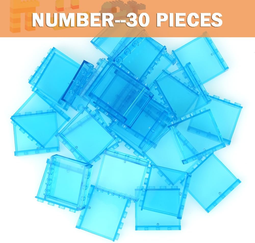 MALEKO Transparent Clear Window House Building Bricks, Classic Flat Plates Pieces and Parts Block Compatible with Major Brands (Blue 30pcs 1x4x3)