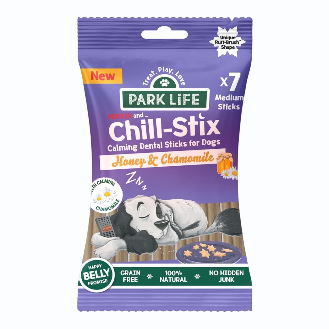 PARK LiFE, Chill-Stix Calming Dental Sticks 7xSticks (180g pack), Honey & Chamomile, Bedtime Treats, Helps Clean Teeth & Relax Anxious Dogs, Puppy Friendly, Grain-Free, Natural