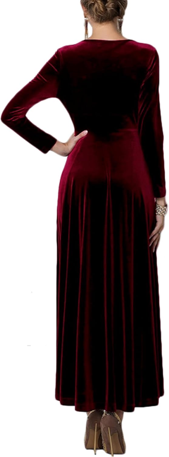 Urban CoCo Women Long Sleeve V-Neck Velvet Stretchy Long Dress - Image 4