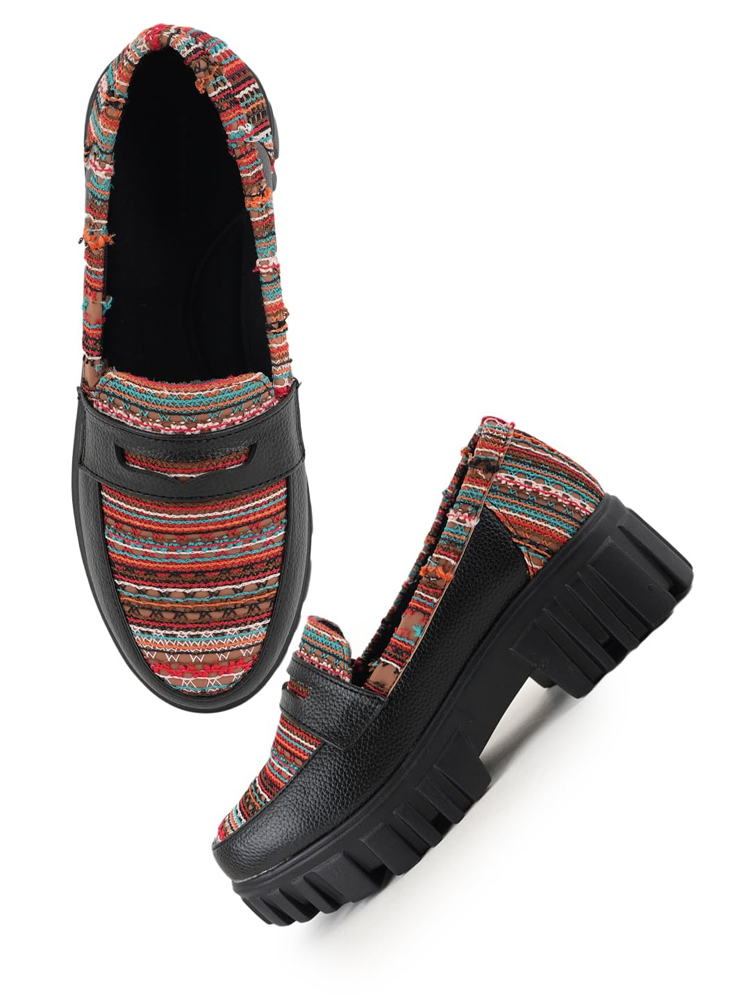 Women's Loafer Shoes, Black with Multicolor Ethnic Striped Pattern, Chunky Platform Sole-image-9