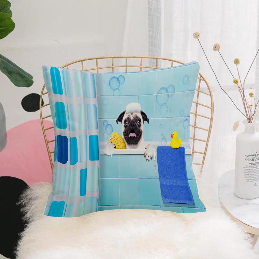 HYOSXW Cushion Cover,Throw Pillow Case Home Decorative for Living Room Bedroom Sofa Chair 16X16 Inch,Pug dog in bathtub with speaking duck and domestic time towel,Pillowcase 40X40cm