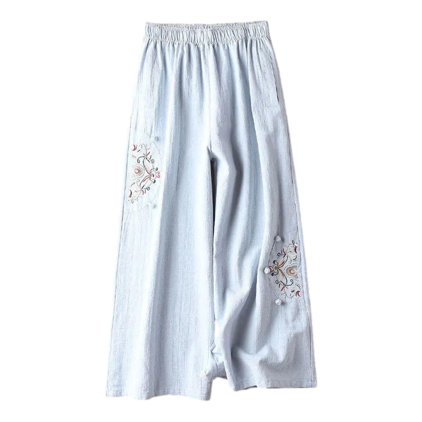 Pantalones de pierna ancha de lino y algodón con bordado étnico vintage para mujer