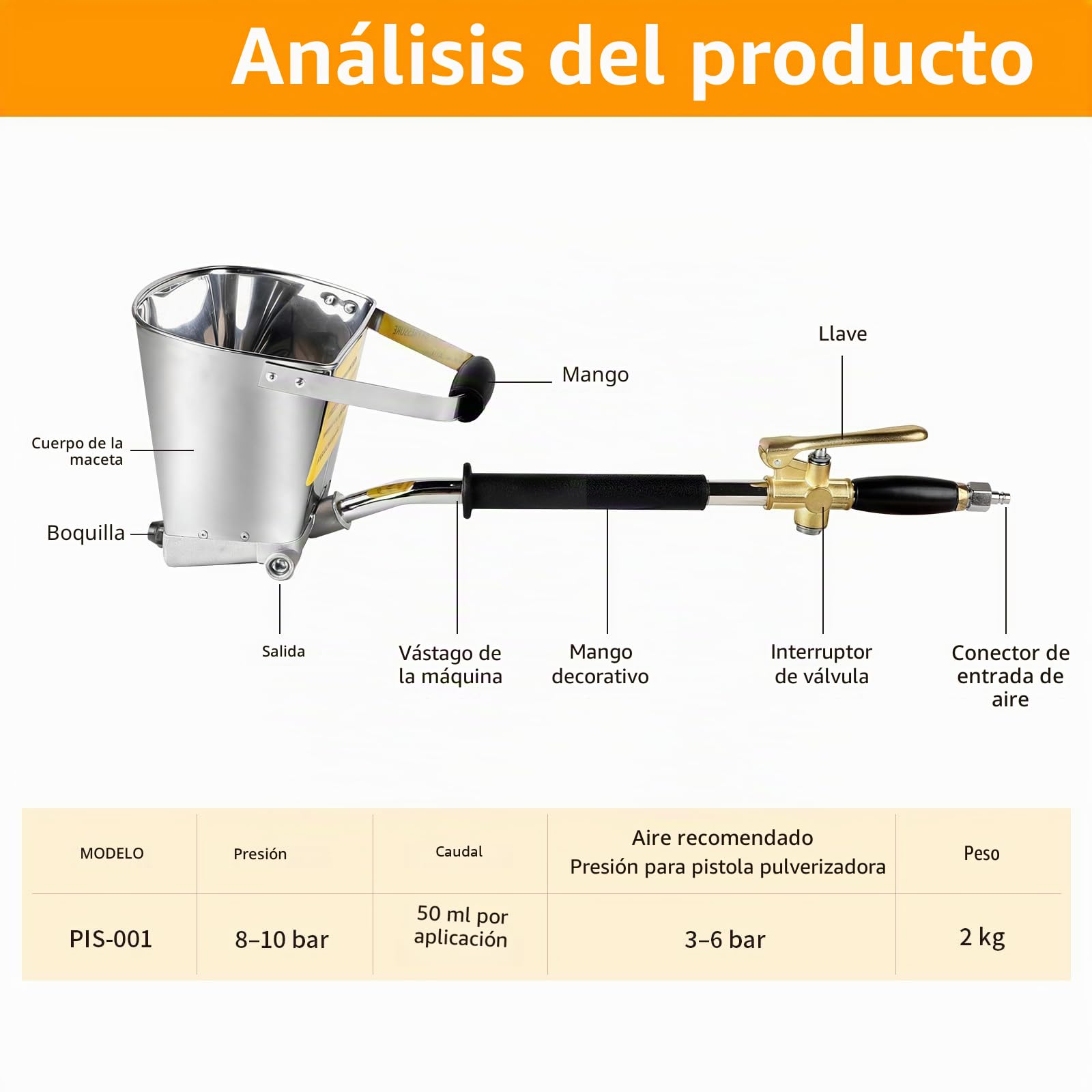 Pistola de mortero de 4 chorros Pistola pulverizadora para mortero 3,5L Máquina de enlucido con manguera de aire a alta presión de 12mm x 10m Herramienta pintura para paredes y techos-Sin tapa
