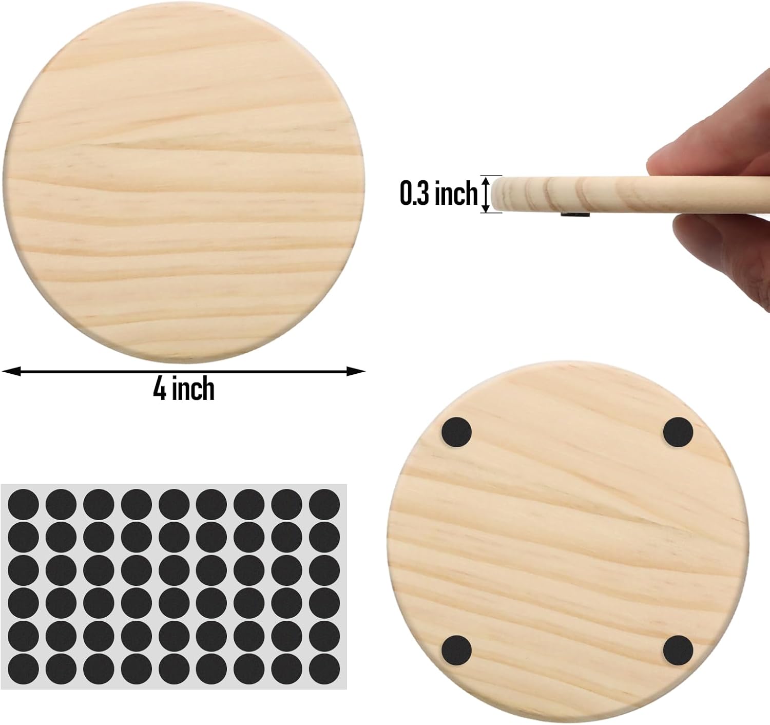 60 PCS Unfinished Round Wood Coasters, SIJDIEE 4 Inch Blank Wooden Craft Coasters with Non-Slip Foam Pad Stickers for DIY Burning Stained Painting Wood Engraving Home Decoration Supplies