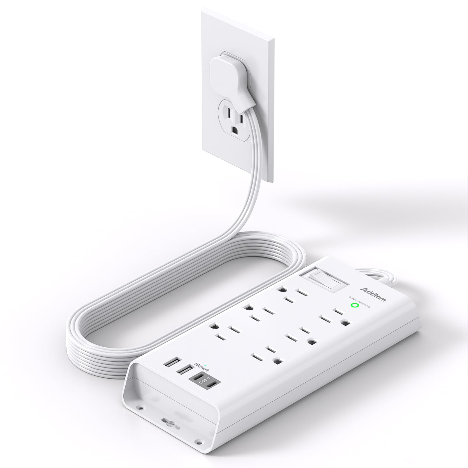 Surge Protector Power Strip, Addtam Flat Plug Extension Cord with 6 Outlet 4 USB Ports (2 USB C), 5FT Outlet Extender Strip for Home Office College Dorm Room Essentials