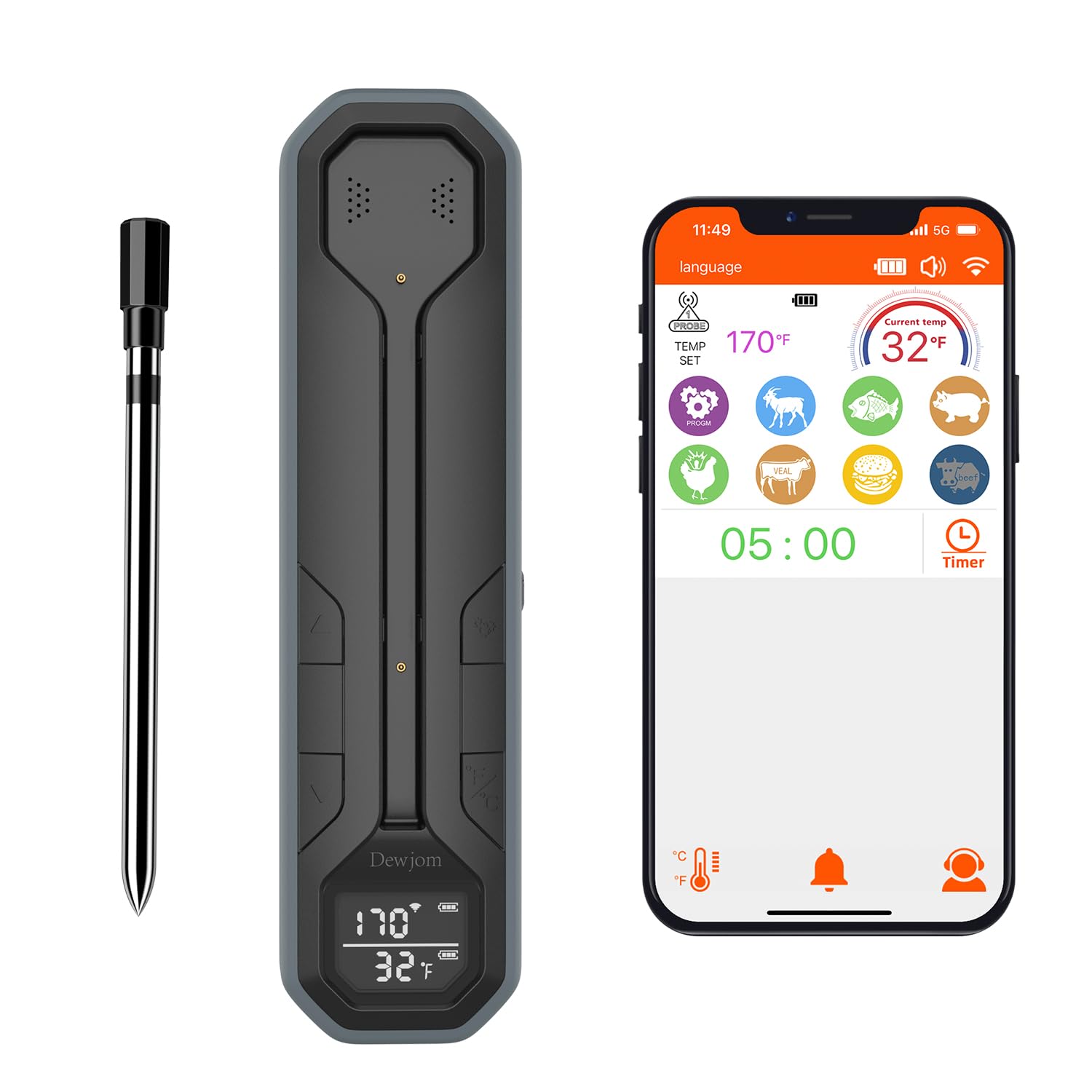 Wireless Meat Thermometer – Digital Cooking Thermometer with Wireless Probe – 500Ft Remote Range Food Thermometer – with iOS Android Read App -Preprogrammed Temperatures for BBQ, Oven, Grill