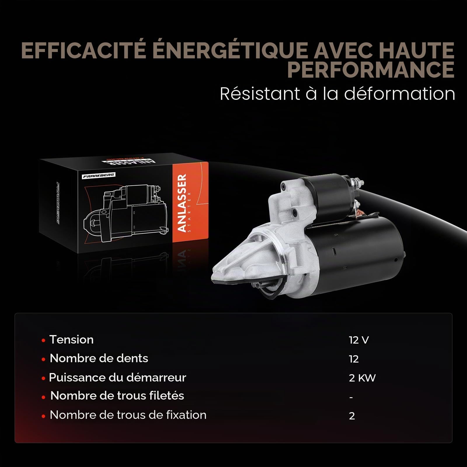 Frankberg Démarreur diesel 2 KW 12 V 1745176, 1740948 | 12 Zähnezahlahl; Compatible avec: Bus Transit V363 FAD FBD, Boîte de jonction, Boîte de transit FA, Jumper Bus