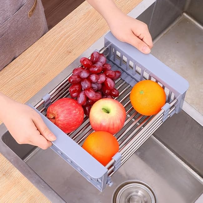 Stainless Steel Drain Basket, Dish Drying Rack Kitchen Sink Organizer, Over The Sink Dish Drying Rack, Retractable, Gray (Large)