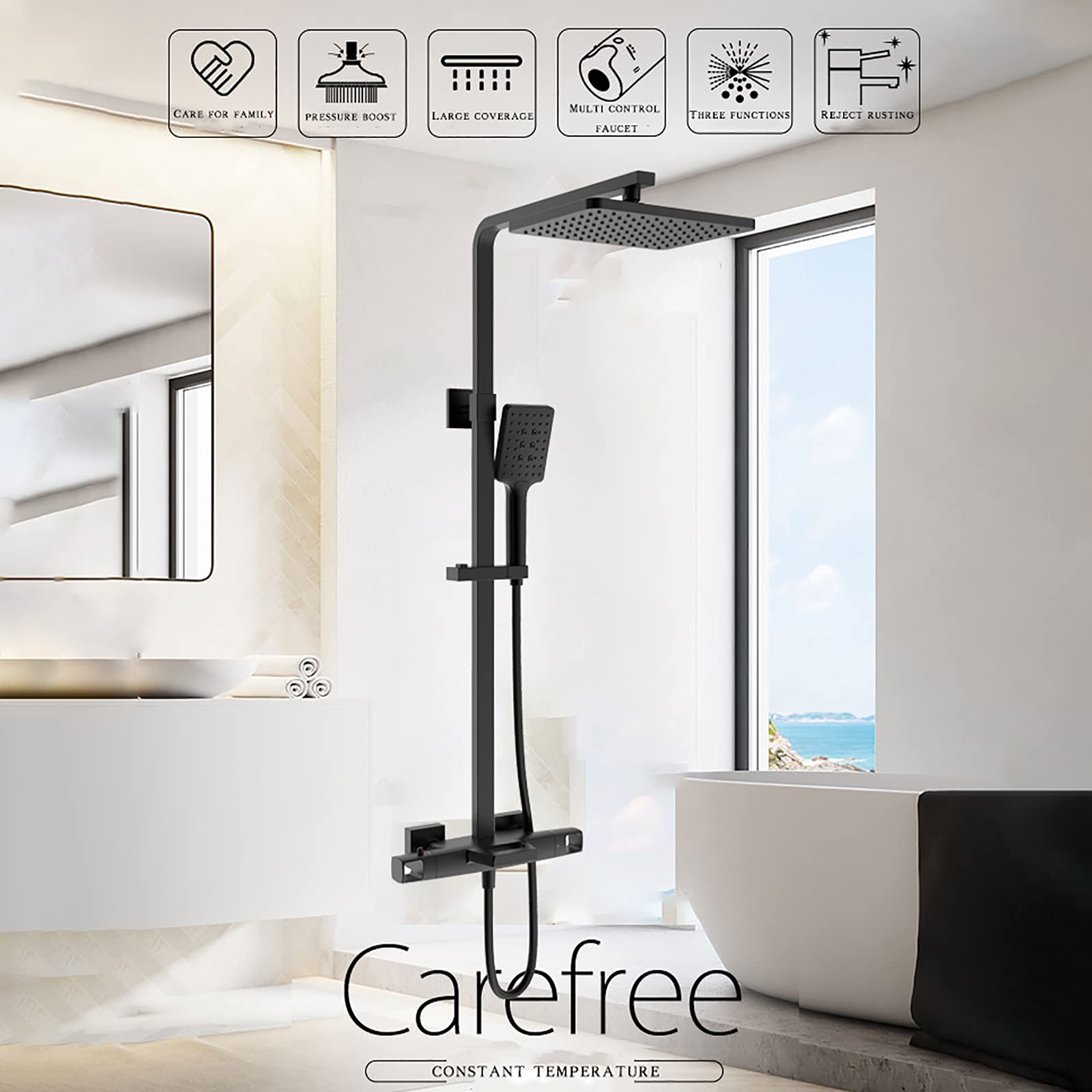 Miscelatore doccia, set miscelatore doccia set termostatico, soffione doccia a pioggia da 8 pollici con set combinato portatile, set rubinetto doccia a parete completo di valvola in ottone e casc