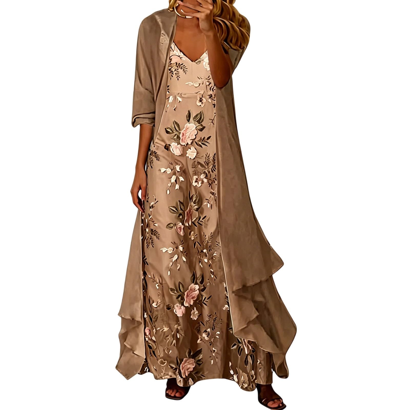 Robe Longue Femme Imprimé Boho fluide de plage et ensemble haut bretelles avec jupe haute - 6