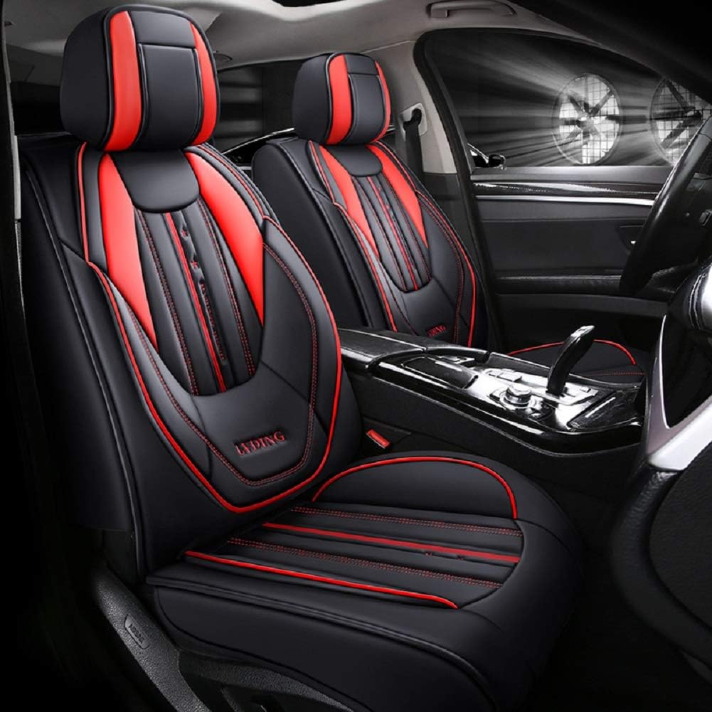 fts luxury pu leather auto car seat covers 5 seats full set universal fit (black/red)
