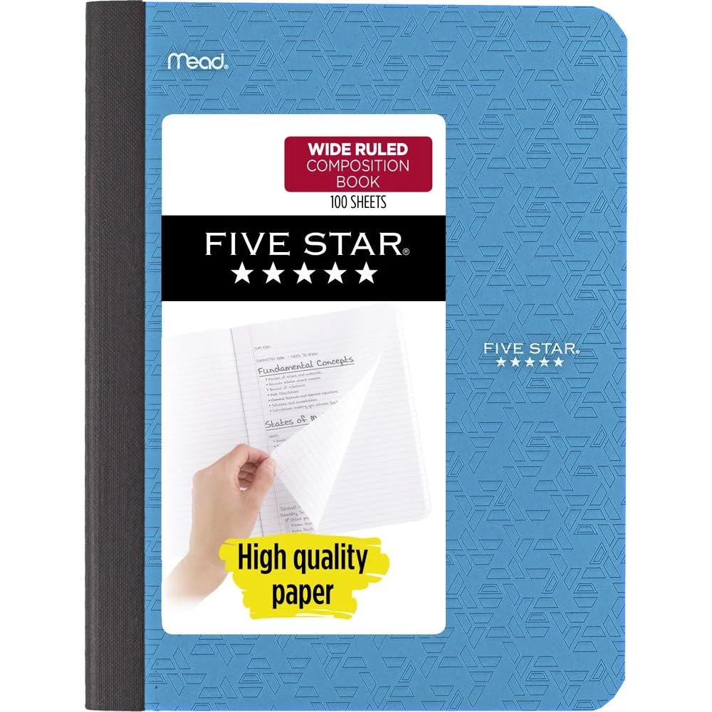 (Color May Vary) Five Star Composition Book/Notebook, Wide Ruled Paper, 100 Sheets, 9-3/4" x 7-1/2" (Tidewater Blue)